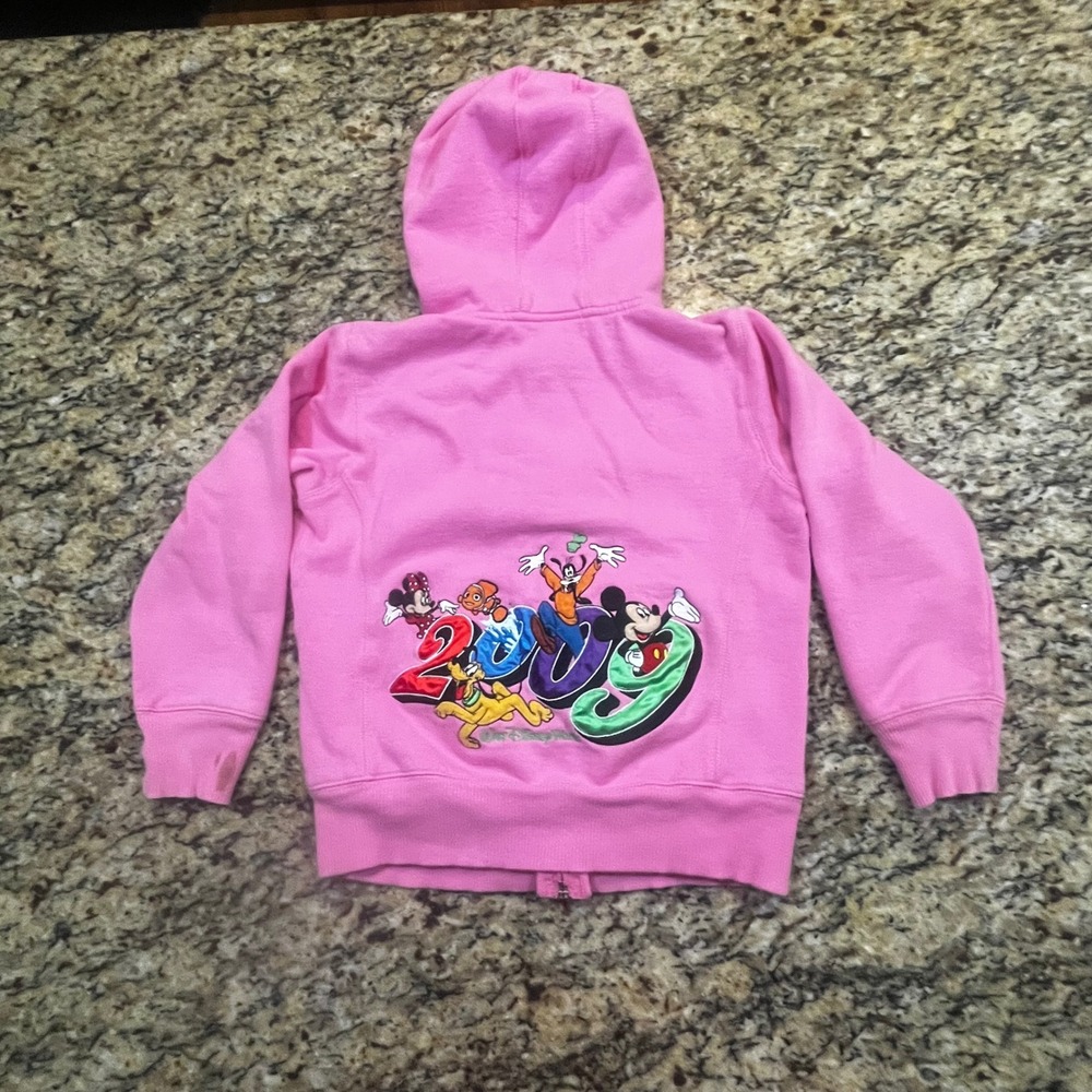 Disney Parks 2009 Pink Zip Up Hoodie Kids Medium Mickey Minnie Goofy Nemo Pluto